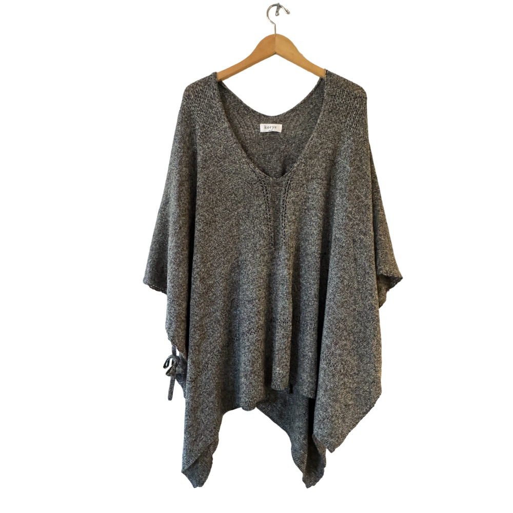 Korye Poncho Sweater V-Neck Side Tie Marled Knit One Size Grey White Excellent